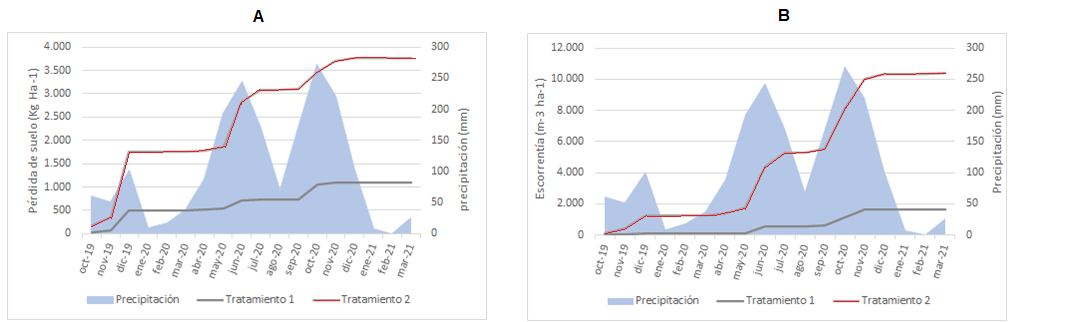 Pérdida de suelo acumulado (A) y volumen de agua de escorrentía acumulada (B) durante un ciclo productivo de caña para panela en el departamento de Santander (municipio de Vélez).
