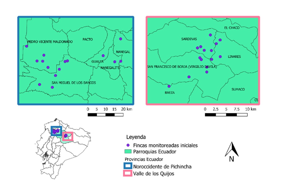 Ubicación espacial de las Fincas monitoreadas en el Noroccidente de Pichincha y el Valle de los Quijos