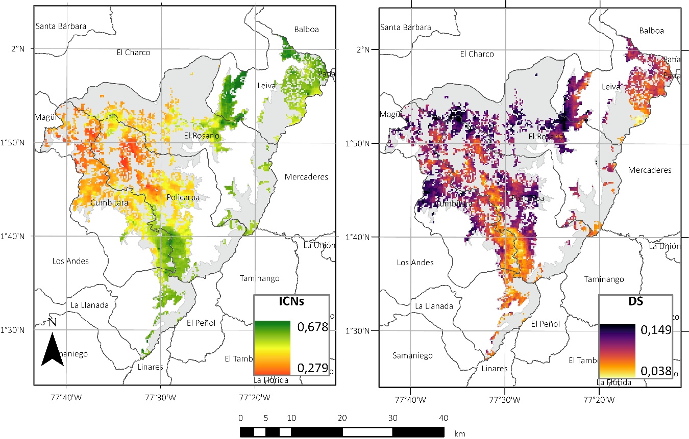 Izq Distribución espacial del ICNs de las zonas agrícolas en la cordillera nariñense Colombia Der Distribución espacial de la desviación estándar de la predicción