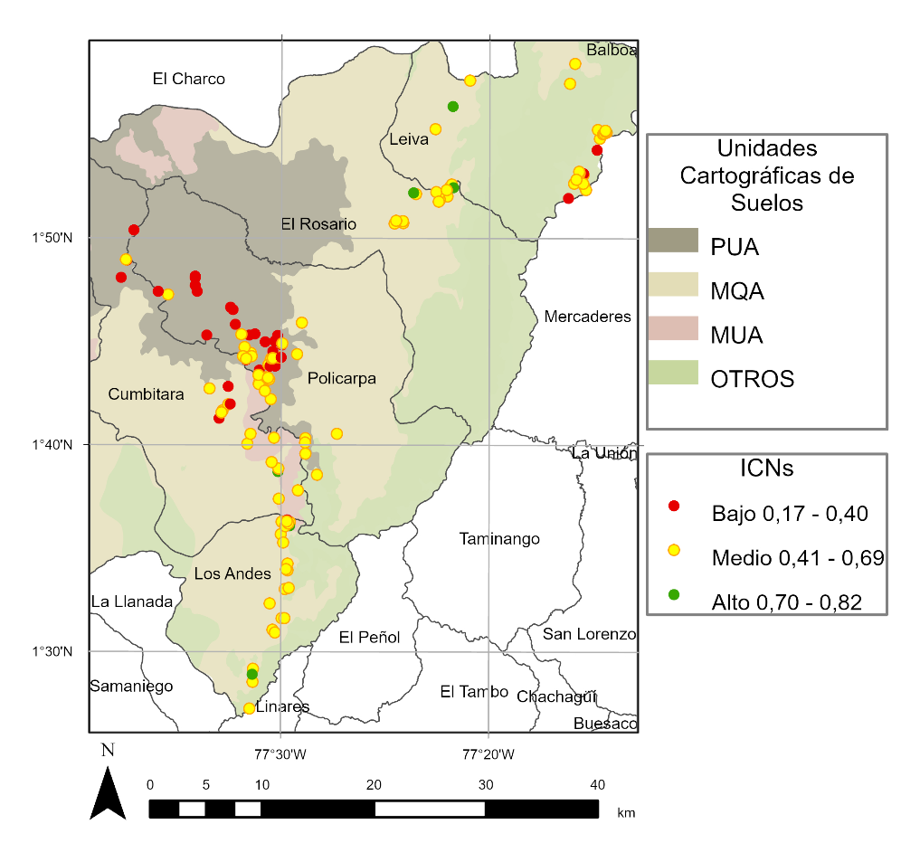 Ubicación espacial de los ICNs clasificados (Bajo 0,17-0,40; medio 0,41-0,69; alto 0,70-0,82).