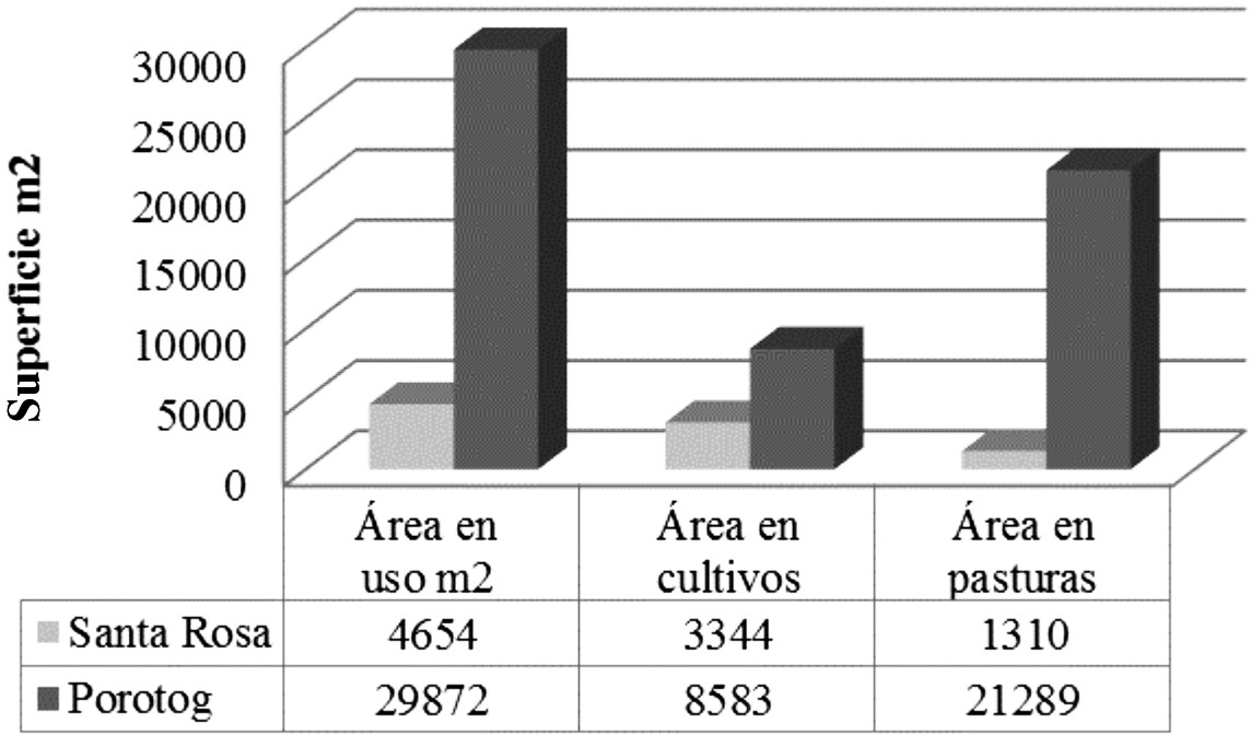 Distribución
de los promedios de área (m2), puesta en cultivo
por UPA y las proporciones de área en agricultura y en pasturas, para las
comunidades Santa Rosa y Porotog, parroquia Cangahua.