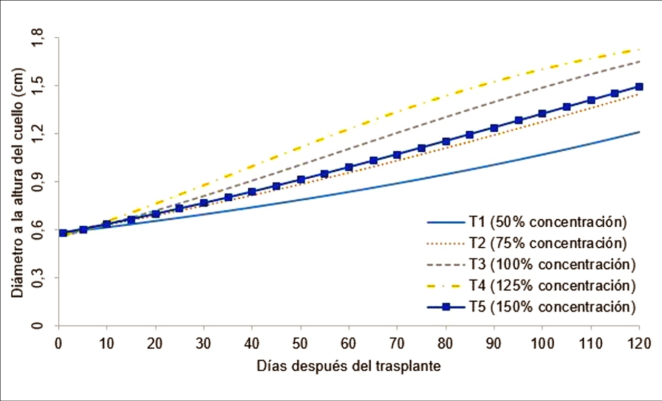 Efecto de cinco concentraciones de la solución nutritiva de Steiner sobre el diámetro a la altura del cuello, en cáñamo medicinal (Cannabis sativa L.) var. Cherry Oregon, bajo invernadero.