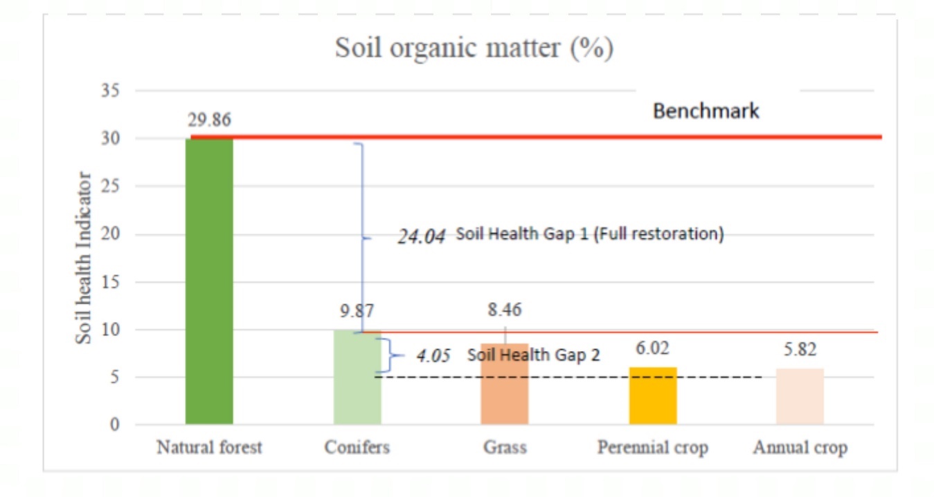 Cropping Systems and benchmark measures of soil organic matter to Illustrate the soil health gap and the potential to improve farm management (adapted from Maharjan 2020).