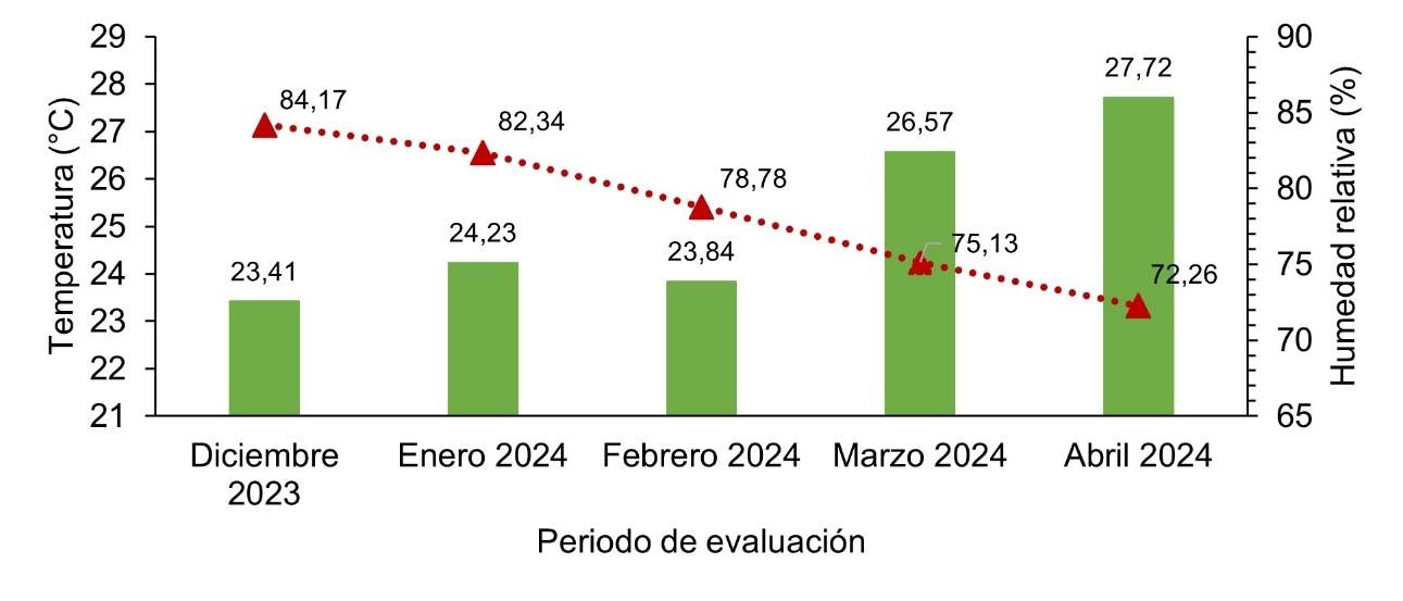 Comportamiento de la humedad relativa y precipitaciones en el municipio de San Isidro, Matagalpa durante el periodo de estudio (Diciembre 2023 - Abril 2024) (Davis Vantage Pro2™ plus, 001D0A00BD6D).