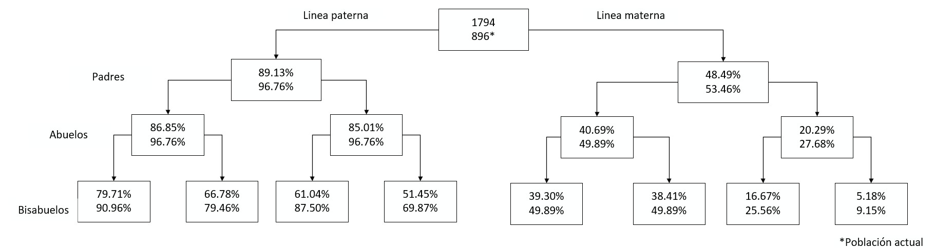 Número total de animales en el pedigrí con el porcentaje ancestros conocidos en la población histórica y actual.