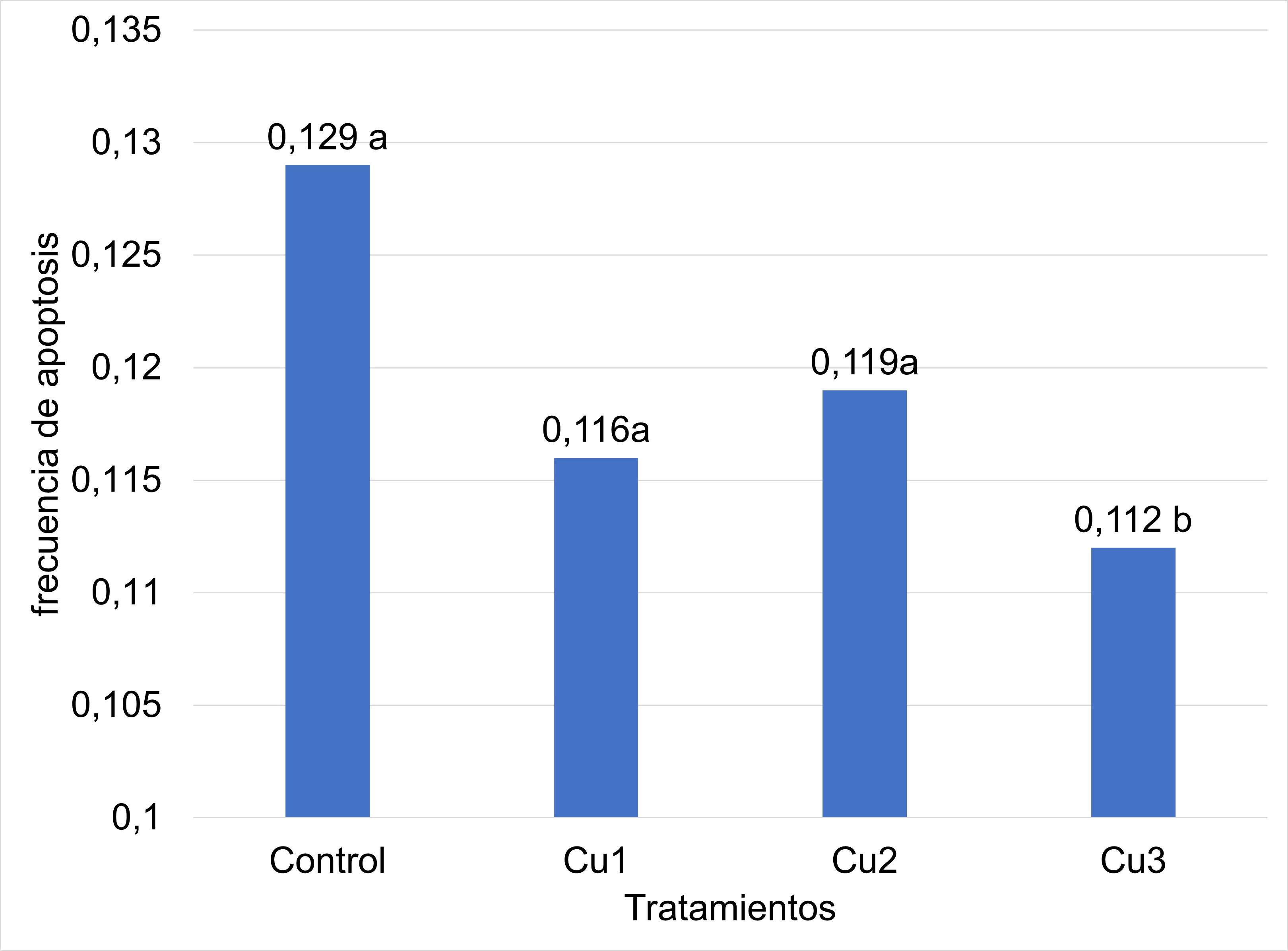 Efecto de las distintas concentraciones de cobre durante la PIE sobre la tasa de apoptosis de las células de los cúmulos.*