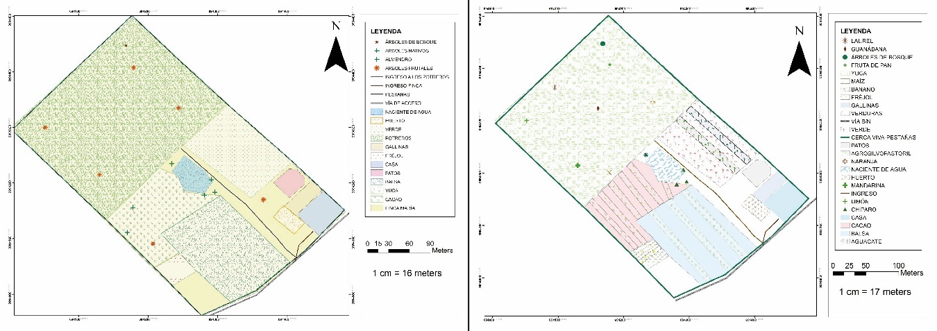 Usos de suelo inicial (izquierda) y propuesta (derecha) de la Finca María.