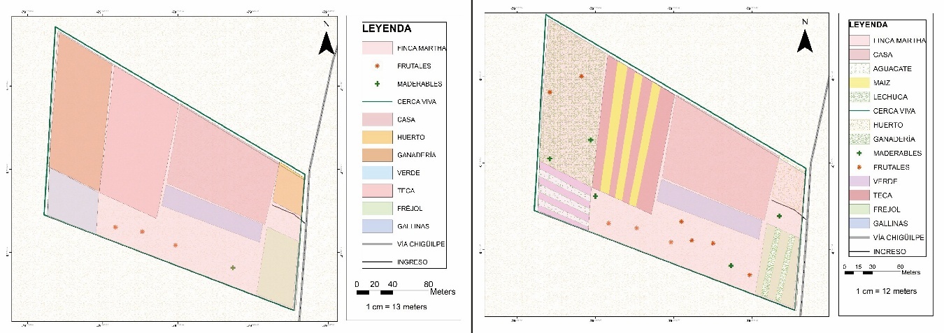 Usos de suelo inicial (izquierda) y propuesta (derecha) de la Finca Martha.