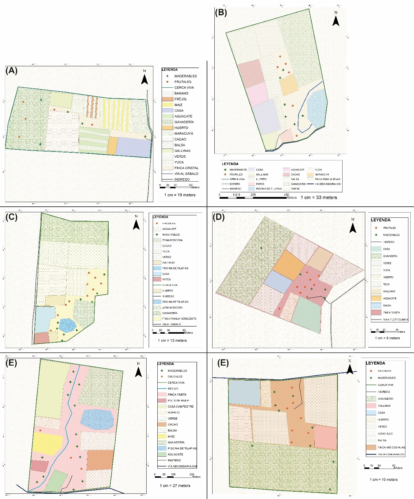 Propuesta de usos de suelo de las fincas Cristal (A), Familia Rivas (B), Familia Verdezoto (C), Rosita (D), Fabita (E) y Mis dos hijas (F).