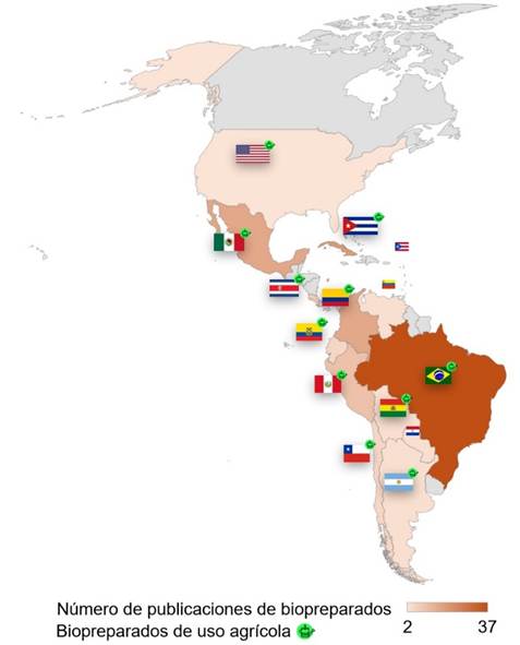 Número de publicaciones por país de origen. Las banderas identificadas con el símbolo verde indican los países cuyas publicaciones incluyen biopreparados para uso agrícola.