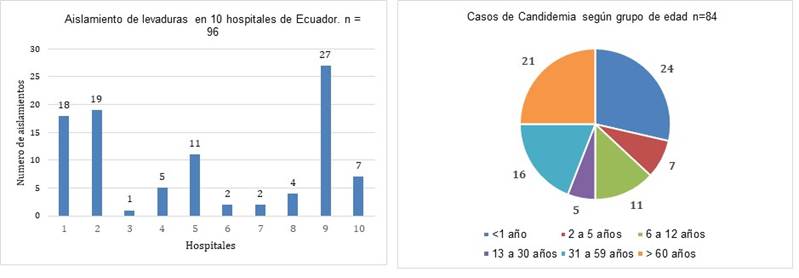 Número de aislamientos por hospital y casos de candidemia según grupo de edad.