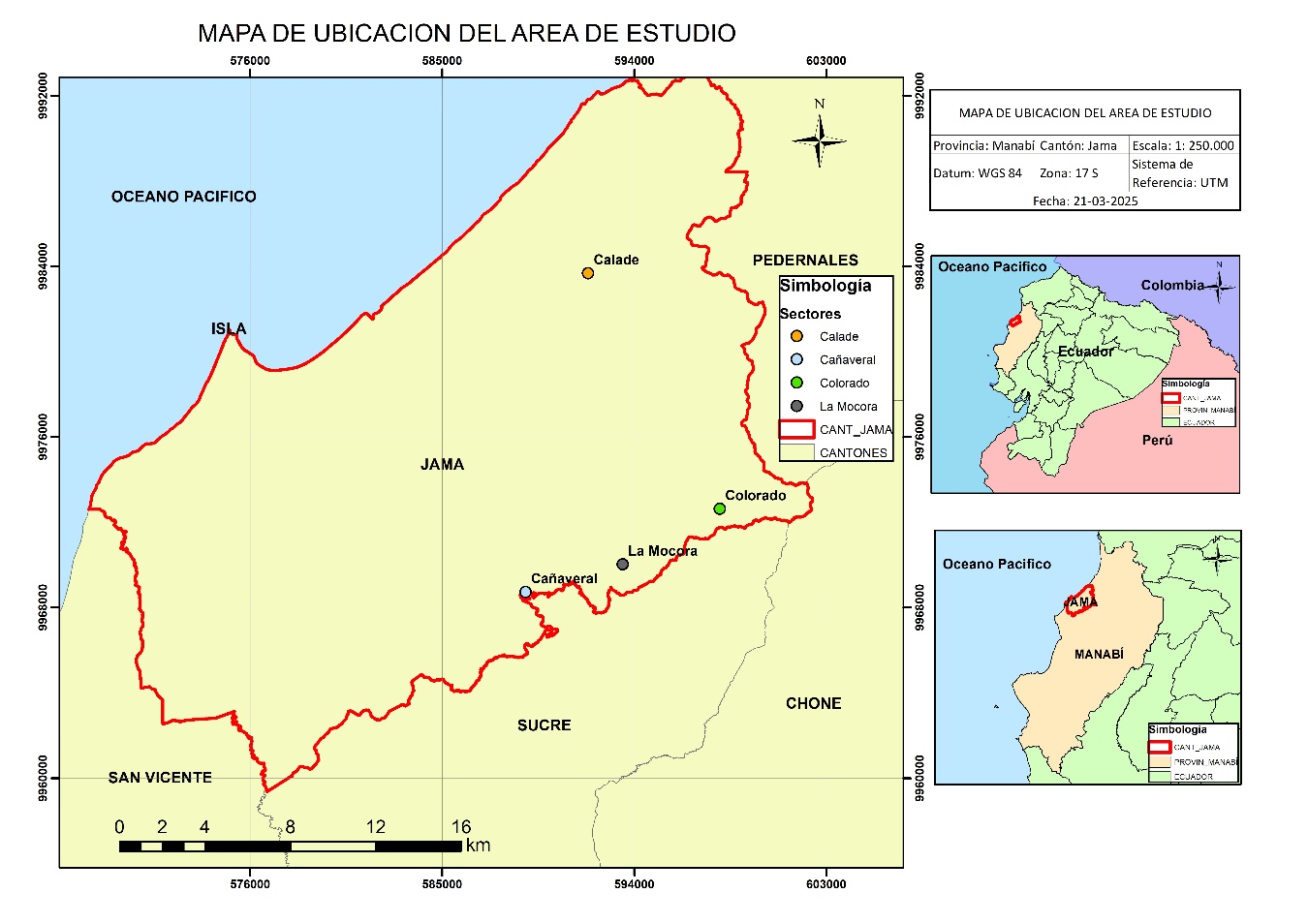 Ubicación de las áreas de estudio de los sectores La Mocora, Colorado, Calade y Cañaveral del cantón Jama.