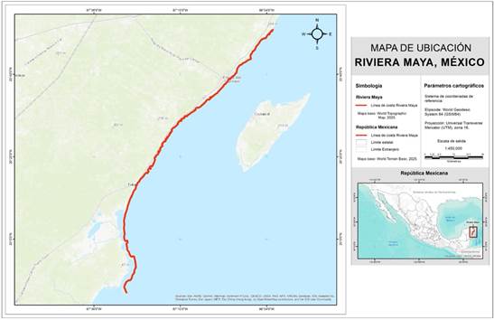 Mapa de ubicación de la Riviera Maya, México.