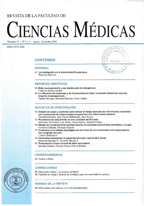 					Ver Vol. 31 Núm. 3-4 (2006): Revista de la Facultad de Ciencias Médicas (Quito)
				