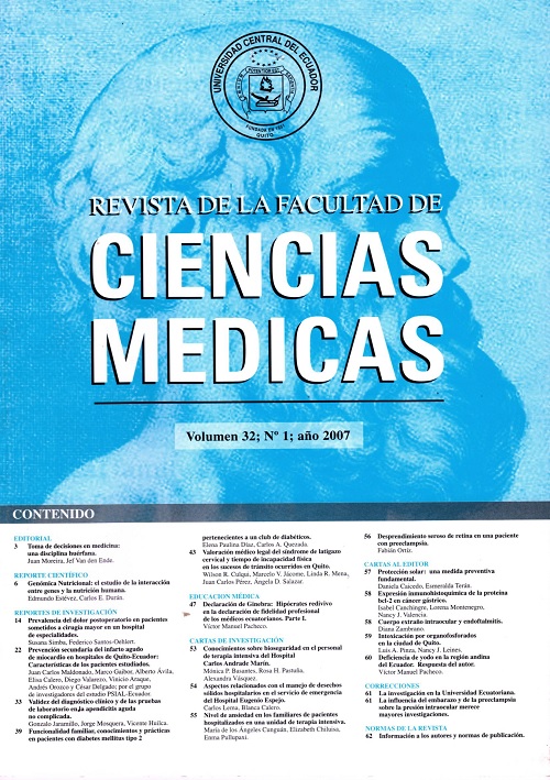 					Ver Vol. 32 Núm. 1 (2007): Revista de la Facultad de Ciencias Médicas (Quito)
				