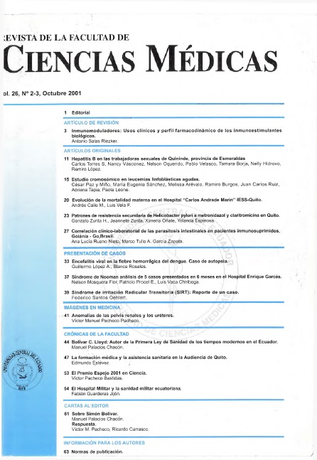 					Ver Vol. 26 Núm. 2-3 (2001): Revista de la Facultad de Ciencias Médicas (Quito)
				