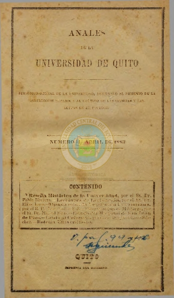 					Ver Vol. 1 Núm. 2 (1883): ANALES DE LA UNIVERSIDAD DE QUITO, ABRIL
				