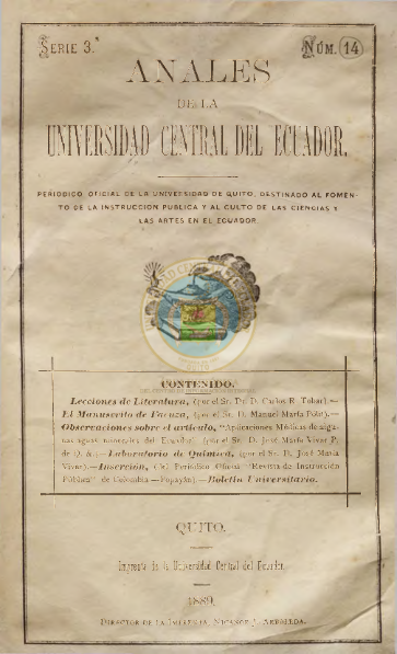 					Ver Vol. 3 Núm. 14 (1889): ANALES DE LA UNIVERSIDAD DE QUITO, ENERO
				
