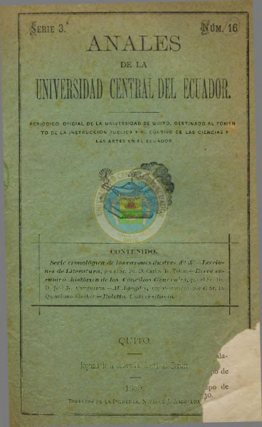 					Ver Vol. 3 Núm. 16 (1889): ANALES DE LA UNIVERSIDAD DE QUITO, MARZO
				