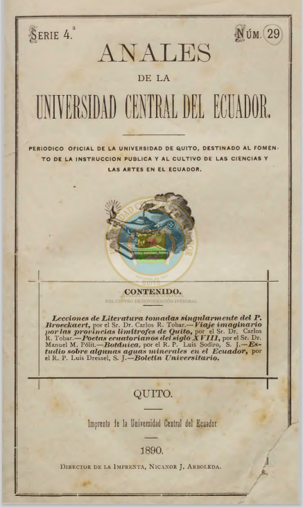 					Ver Vol. 4 Núm. 29 (1890): ANALES DE LA UNIVERSIDAD DE QUITO, AGOSTO
				