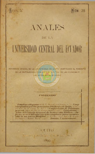 					View Vol. 5 No. 38 (1891): ANALES DE LA UNIVERSIDAD DE QUITO, MAYO
				