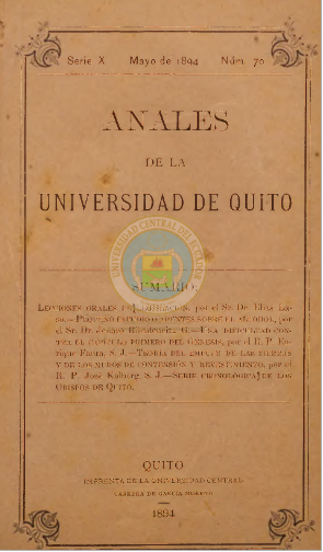 					View Vol. 10 No. 70 (1894): ANALES DE LA UNIVERSIDAD DE QUITO, MAYO
				