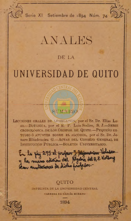 					Ver Vol. 11 Núm. 74 (1894): ANALES DE LA UNIVERSIDAD DE QUITO, SEPTIEMBRE
				