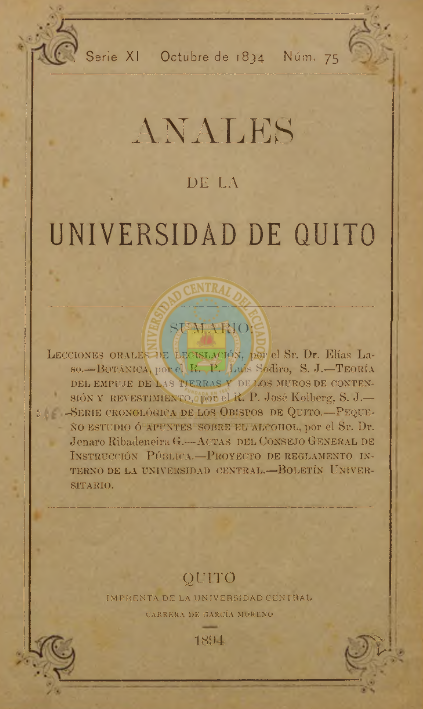 					View Vol. 11 No. 75 (1894): ANALES DE LA UNIVERSIDAD DE QUITO, OCTUBRE
				
