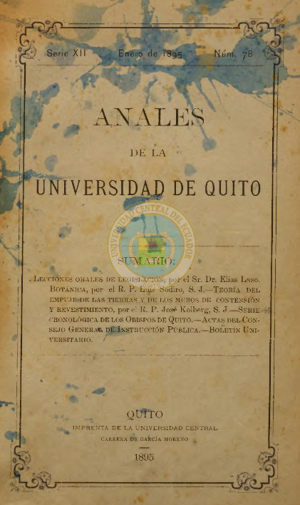 					View Vol. 12 No. 78 (1895): ANALES DE LA UNIVERSIDAD DE QUITO, ENERO
				