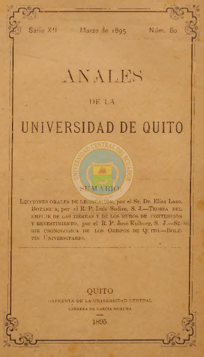 					View Vol. 12 No. 80 (1895): ANALES DE LA UNIVERSIDAD DE QUITO, MARZO
				