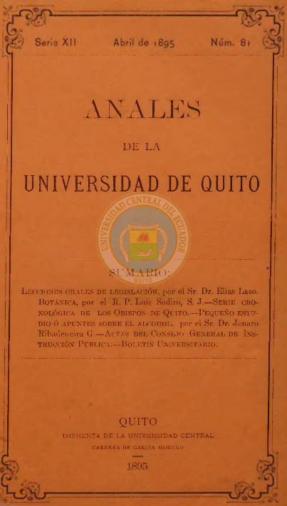 					View Vol. 12 No. 81 (1895): ANALES DE LA UNIVERSIDAD DE QUITO, ABRIL
				