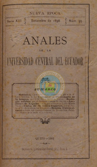 					View Vol. 13 No. 95 (1898): ANALES DE LA UNIVERSIDAD DE QUITO, SEPTIEMBRE
				