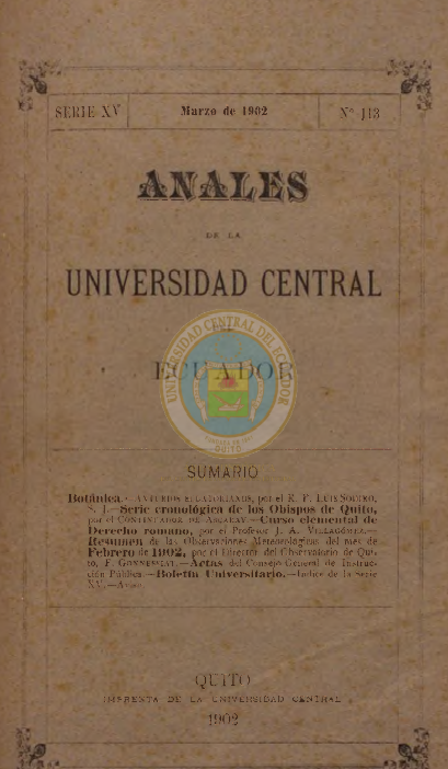 					Ver Vol. 15 Núm. 113 (1902): ANALES DE LA UNIVERSIDAD DE QUITO, MARZO
				