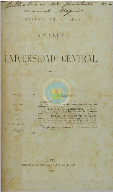 					Ver Vol. 16 Núm. 116 (1902): ANALES DE LA UNIVERSIDAD DE QUITO, JUNIO
				