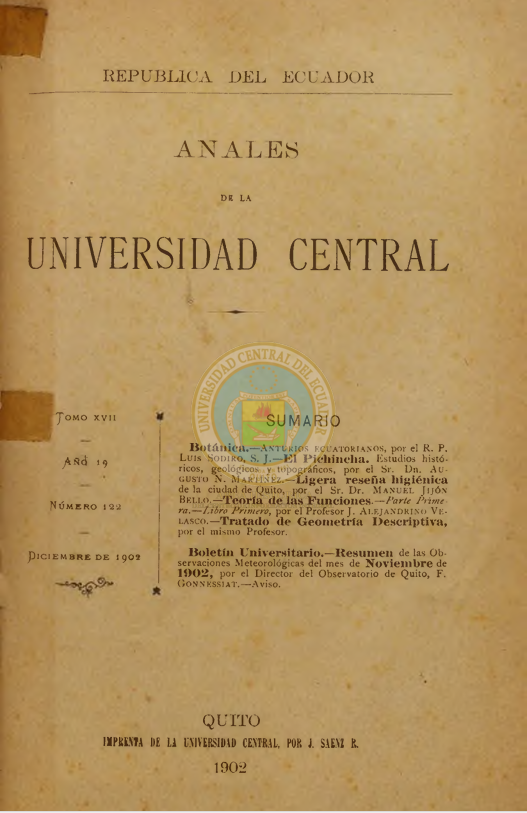 					Ver Vol. 17 Núm. 122 (1902): ANALES DE LA UNIVERSIDAD DE QUITO, DICIEMBRE
				