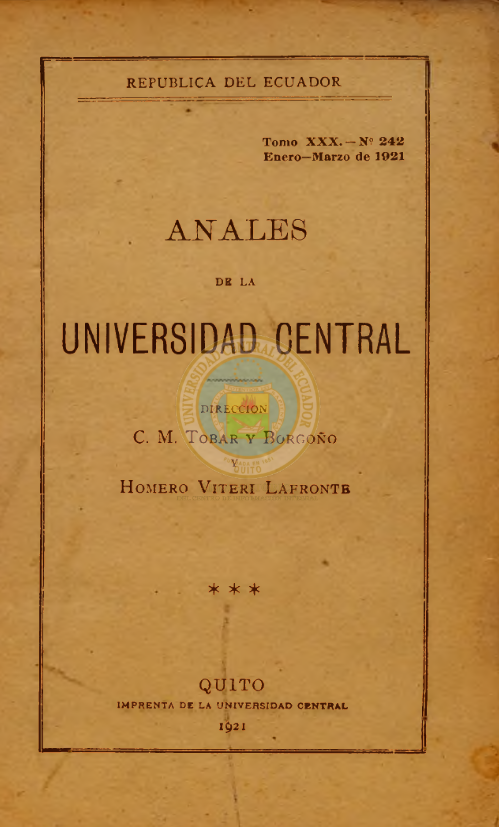 					Ver Vol. 30 Núm. 242 (1921): ANALES DE LA UNIVERSIDAD DE QUITO, ENERO-MARZO
				