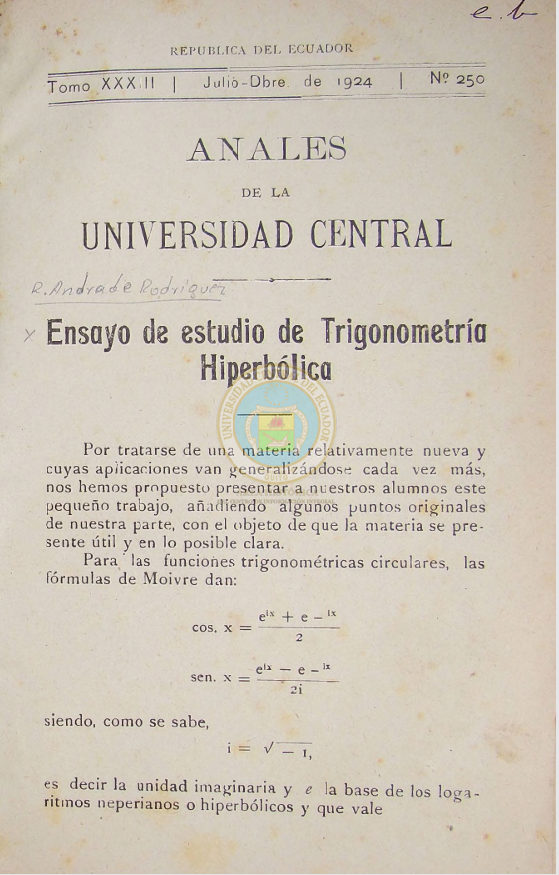 					Ver Vol. 33 Núm. 250 (1924): ANALES DE LA UNIVERSIDAD DE QUITO, JULIO-DICIEMBRE
				